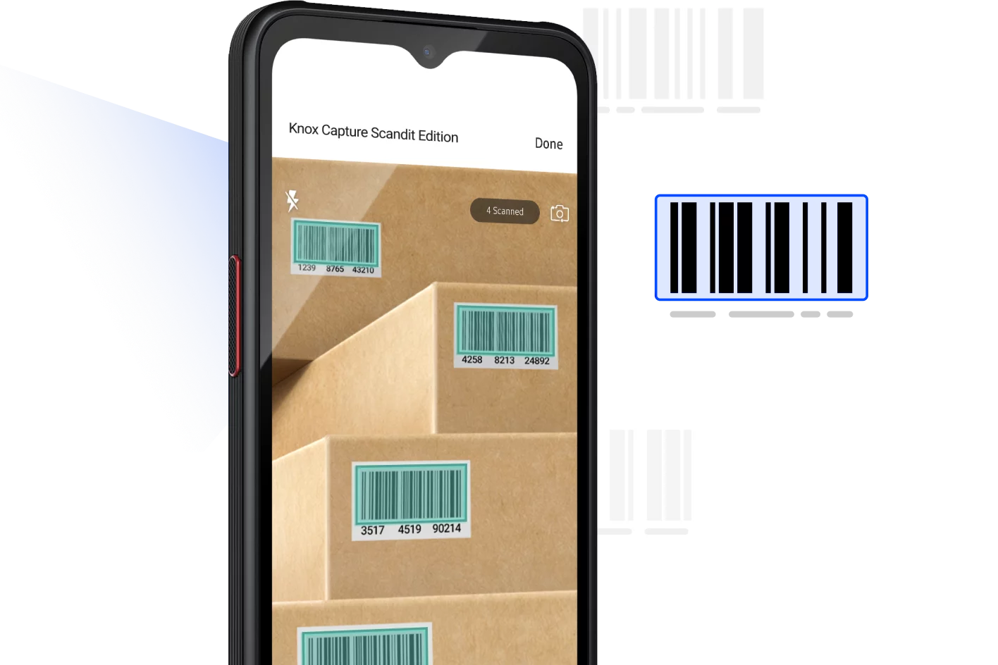 Un gros plan d'un smartphone noir tenu verticalement, affichant l'écran de l'application 'Knox Capture Scandit Edition'. L'application superpose des cadres lumineux (bleu-vert) sur plusieurs codes-barres qui apparaissent sur des boîtes en carton empilées en arrière-plan.