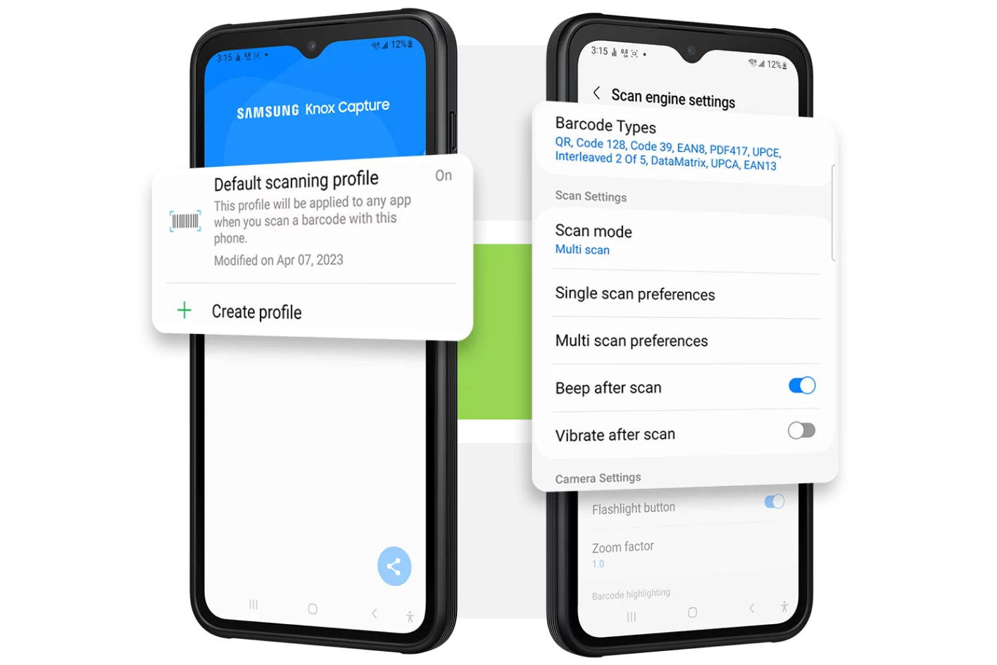 Deux images de smartphones noirs affichant l'interface de l'application 'Samsung Knox Capture' sur un fond vert et gris dégradé.