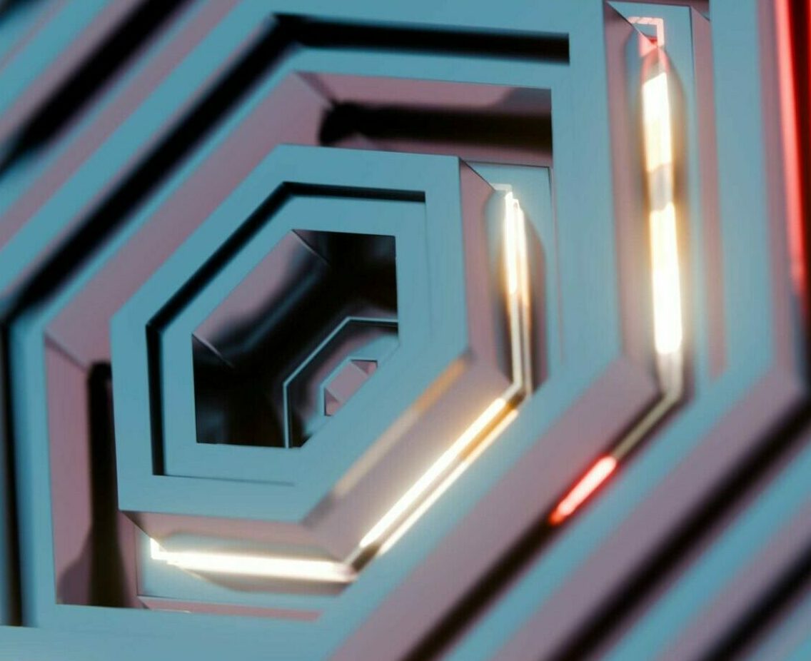 Abstract Geometric Pattern with Neon Highlights and Concentric Shapes