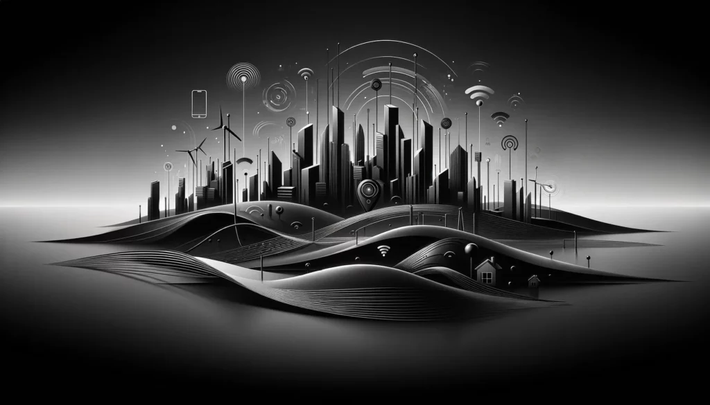 Une illustration en noir et blanc à fort contraste dépeignant une ville futuriste ou intelligente. La ligne d'horizon est composée de gratte-ciel sombres et pointus. Des ondes et des icônes de connectivité sans fil (WiFi, cercles concentriques de signaux) émanent des bâtiments et des collines ondulantes au premier plan, symbolisant les réseaux, l'Internet des objets et la technologie Smart City.
