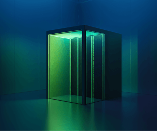 Structure cubique ou cabine éclairée d'une intense lumière vert fluo, se détachant sur un arrière-plan bleu foncé.