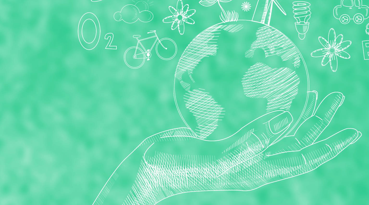 Illustration d'une main tenant un globe terrestre dessiné au crayon blanc sur un fond vert-menthe. Le fond est parsemé d'icônes liées à l'écologie (nuages, vélo, fleurs, ampoule à économie d'énergie, formule O2).