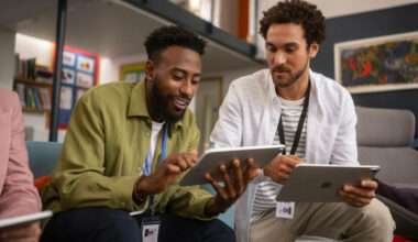 L'image montre deux hommes assis, tous deux tenant et regardant des iPad