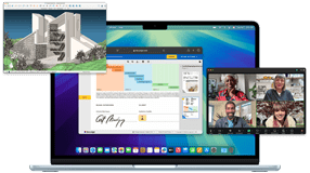 Plusieurs écrans montrent qu’il est facile d’utiliser plusieurs apps à la fois, comme des pages web dans Safari, un appel vidéo dans Zoom et un fichier dans SketchUp, sur un MacBook Air