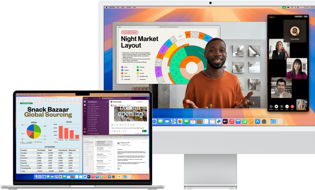 Un gros plan montre un MacBook Pro et un iMac affichant différentes interfaces de productivité et de communication.