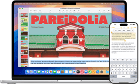 Un ordinateur portable Apple ouvert avec un iPhone au premier plan. L’iPhone affiche un texte surligné dans Notes, qui est identique au texte surligné sur l’ordinateur portable Apple.