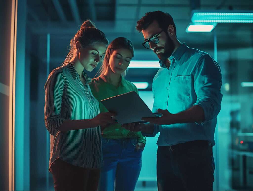 Trois collègues (deux femmes et un homme barbu portant des lunettes) sont regroupés dans un couloir de bureau sombre, éclairé par une lumière néon bleue. L'homme au centre tient une tablette ou un ordinateur portable, et les deux femmes regardent l'écran avec une expression concentrée. L'une des femmes est sur la gauche, vêtue d'une chemise rayée, et l'autre est à l'arrière-plan, vêtue d'une chemise verte.