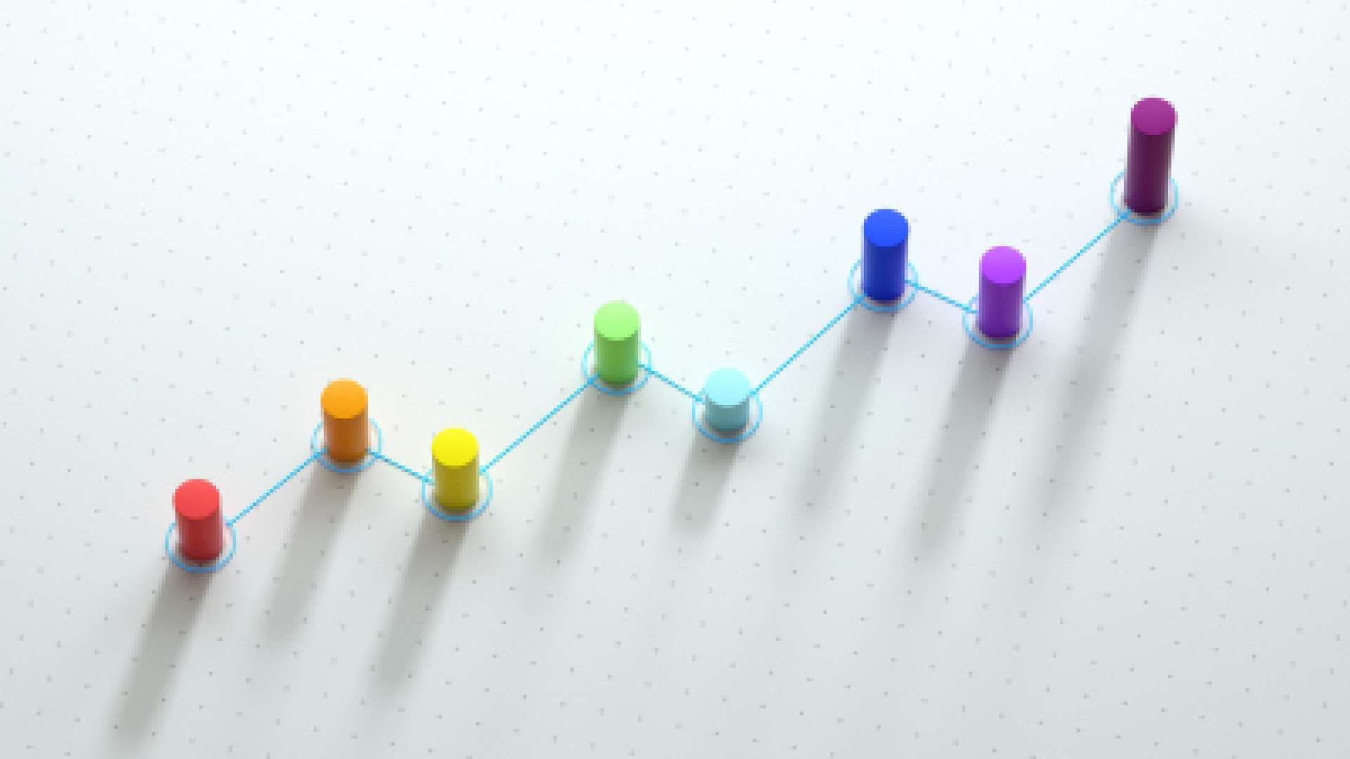 Graphique statistique en 3D avec des barres cylindriques multicolores reliées par une ligne bleue, illustrant une tendance générale à la hausse sur un fond pointillé.