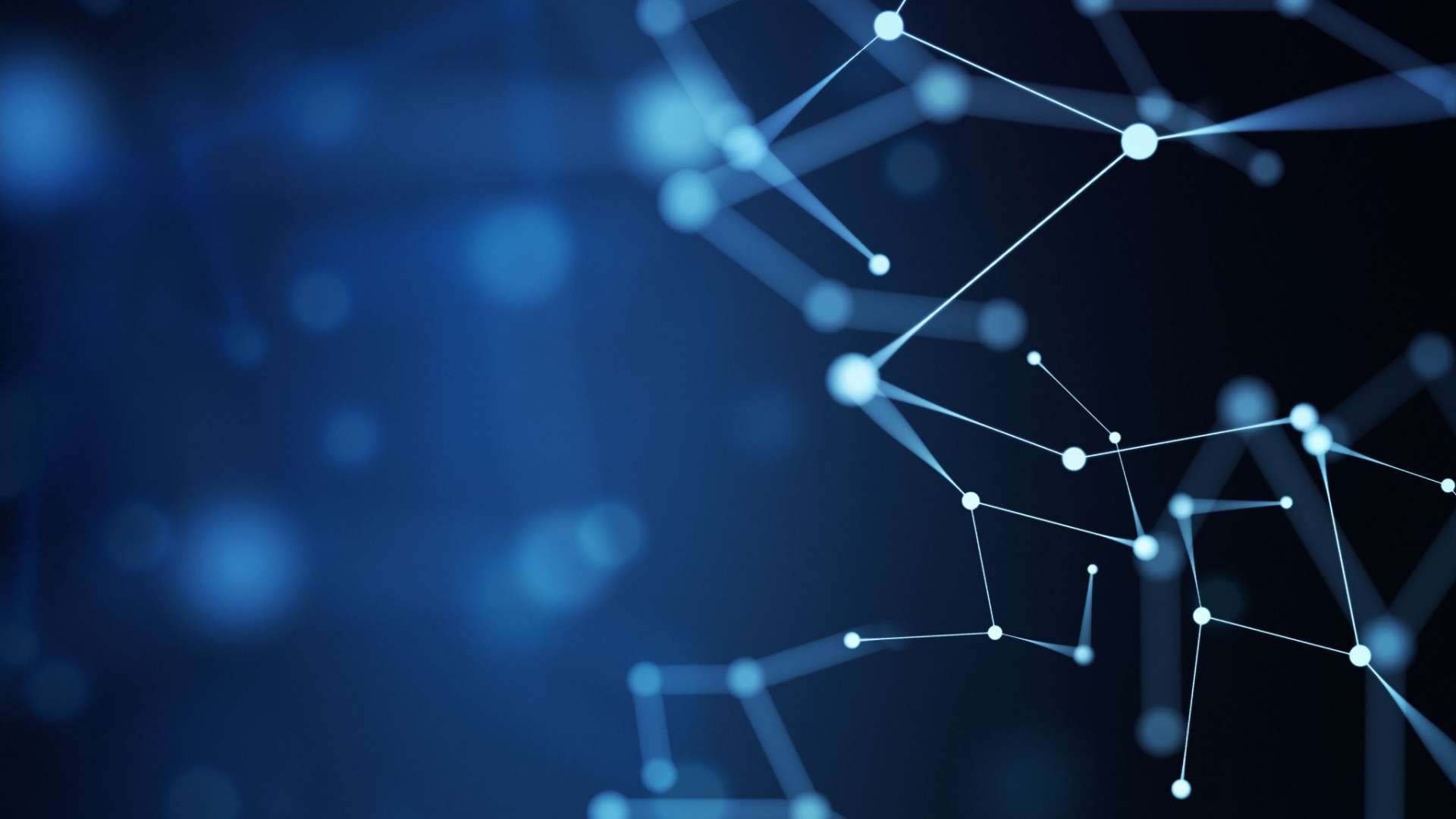 Arrière-plan abstrait bleu foncé avec des points lumineux reliés par des lignes, évoquant un réseau technologique ou de données.