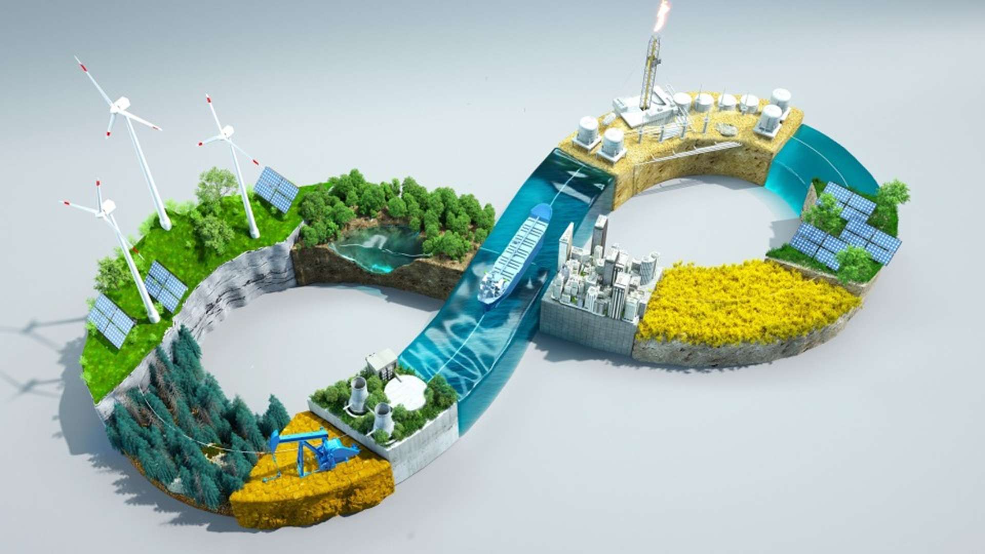 Illustration 3D d'un symbole de l'infini représentant l'économie circulaire, intégrant des éoliennes, des panneaux solaires, une ville et des infrastructures industrielles dans une boucle continue.