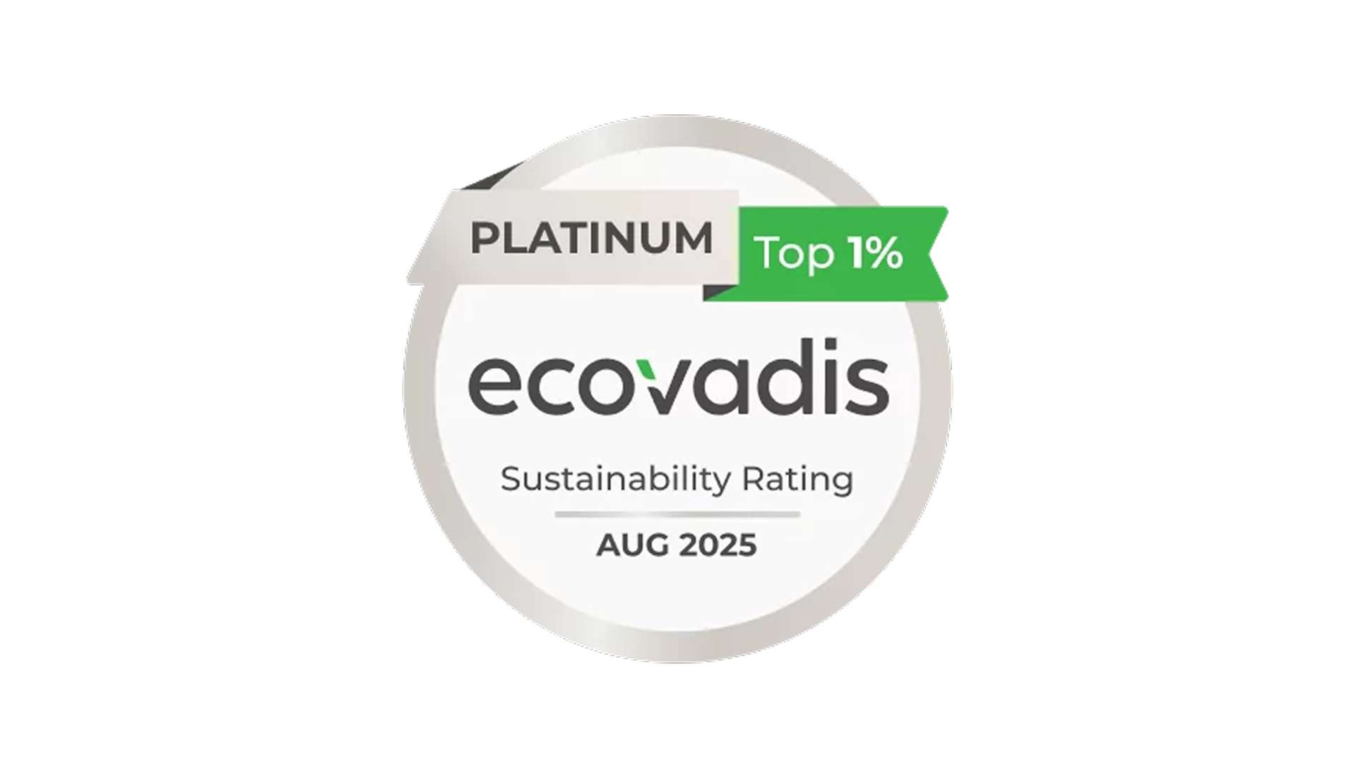 Badge de certification EcoVadis Platinum, classé Top 1%, notation de durabilité d'août 2025.