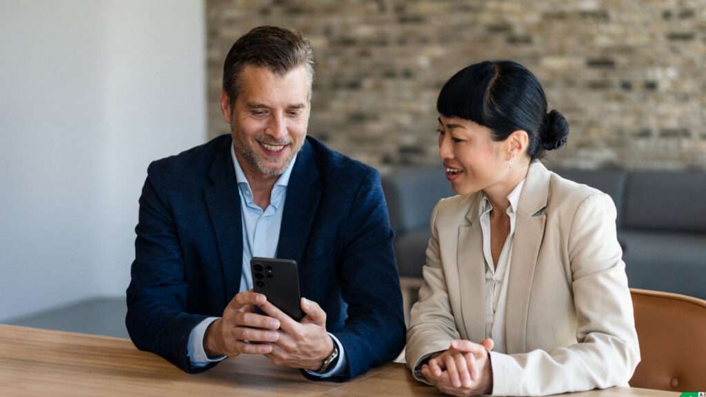 Deux collègues en tenue professionnelle, un homme en veste bleue et une femme en tailleur beige, sont assis côte à côte à une table en bois. L'homme tient un smartphone qu'ils regardent tous les deux avec le sourire, semblant partager une discussion agréable dans un environnement de bureau moderne.