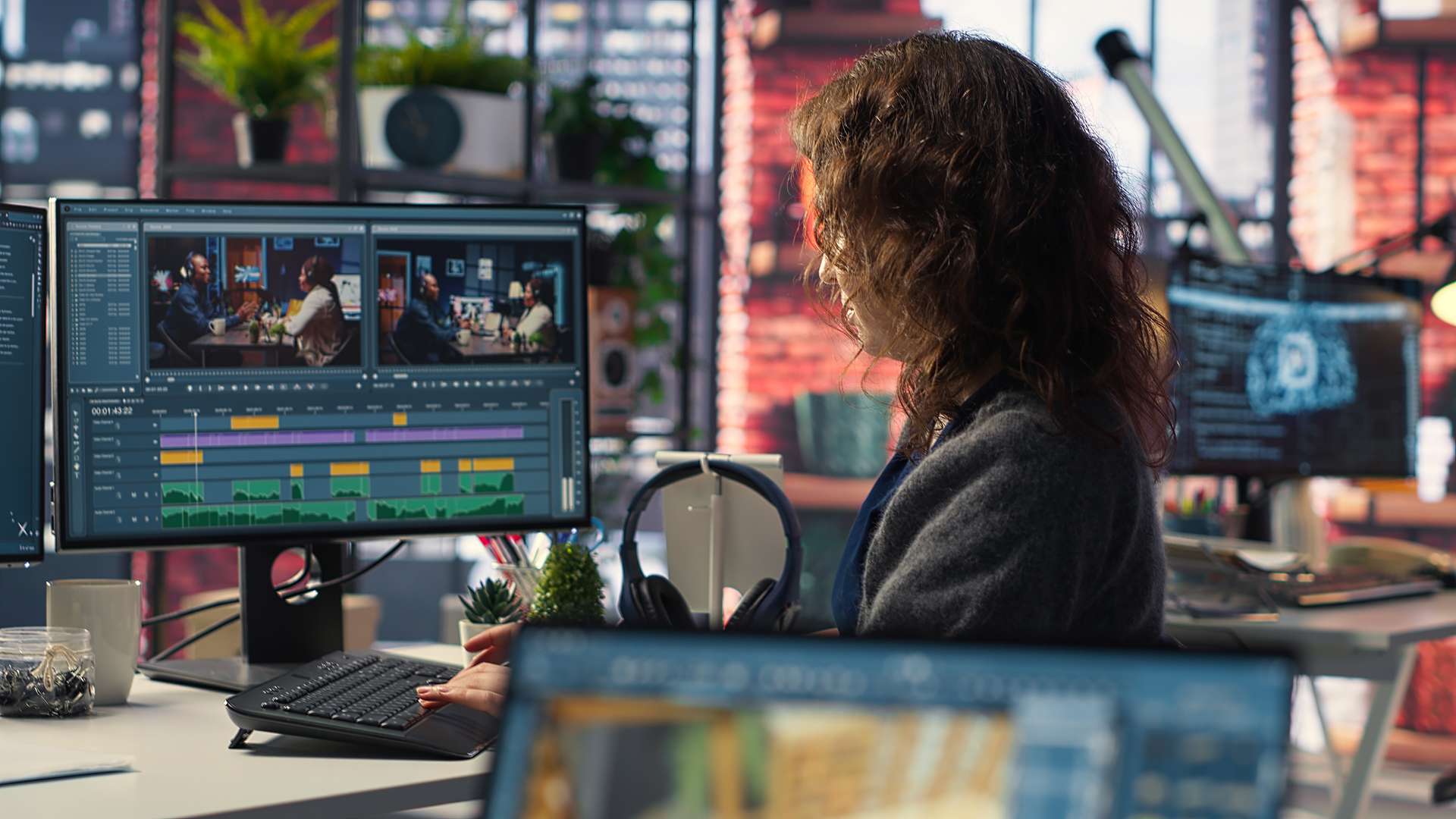 Une personne aux cheveux bruns bouclés est assise de profil à son bureau, travaillant sur un logiciel de montage vidéo affiché sur un grand écran. L'interface du logiciel montre une ligne de temps colorée et la vidéo d'une interview. Le bureau, de style industriel avec un mur en briques apparentes, est équipé de plusieurs écrans, d'un clavier, d'un casque audio sur son support et de petites plantes. Au premier plan, le haut d'un écran d'ordinateur portable apparaît de façon floue.