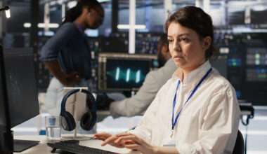 Technicien informatique travaillant sur ordinateur dans un data center avec écrans de monitoring et serveurs