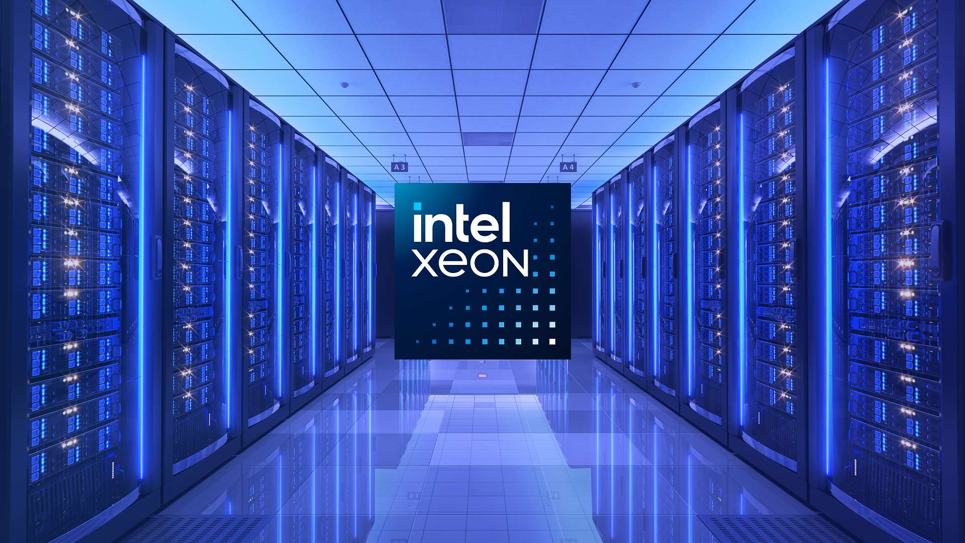 Allée symétrique d’un centre de données avec des rangées de serveurs éclairés en bleu de part et d’autre, avec au centre un visuel affichant «?Intel Xeon?» sur fond sombre.