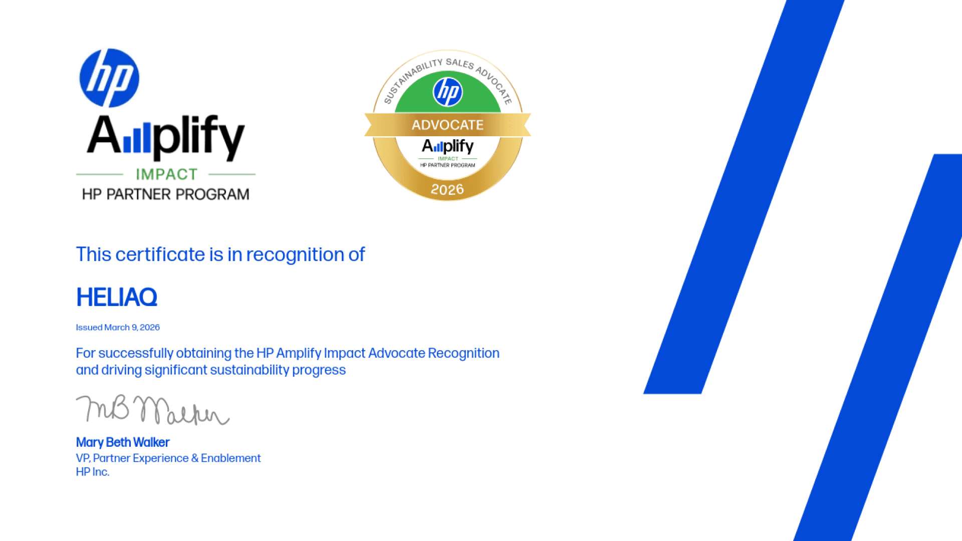 Certificate HP Amplify Heliaq Impact